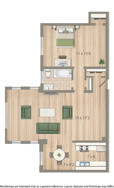 Floor plan for 1 bed, 1 bath, 704 sqft